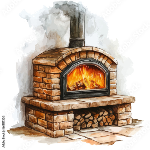 Fireplace Glowing Warmth, watercolor clipart vector, isolated on a white background.