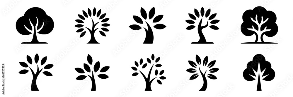 Obraz premium Twelve Stylized Tree Icons: A Collection of Black Solid Vector Illustrations