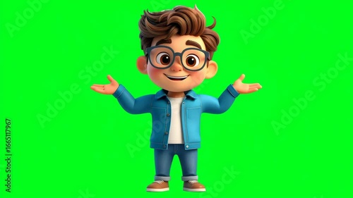 A charming cartoon character with glasses stands confidently against a vibrant green backdrop, exuding a playful and approachable demeanor.