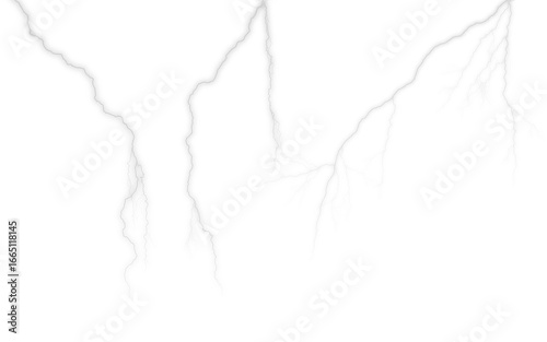 Faint white lightning cracks for a subtle texture overlay. Isolated electric flash PNG effect on a transparent background for a marble, glass, or ice crack design.