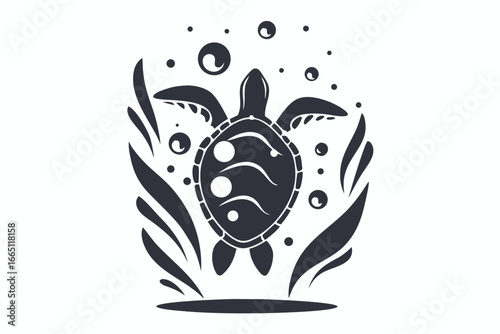Sea Turtle with Bubbles, Aquatic Plants, and a White Background
