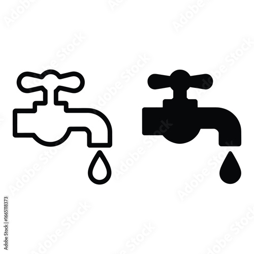 Vector illustration of two faucets with dripping water symbolizing conservation and resource management in simple black and white graphic design