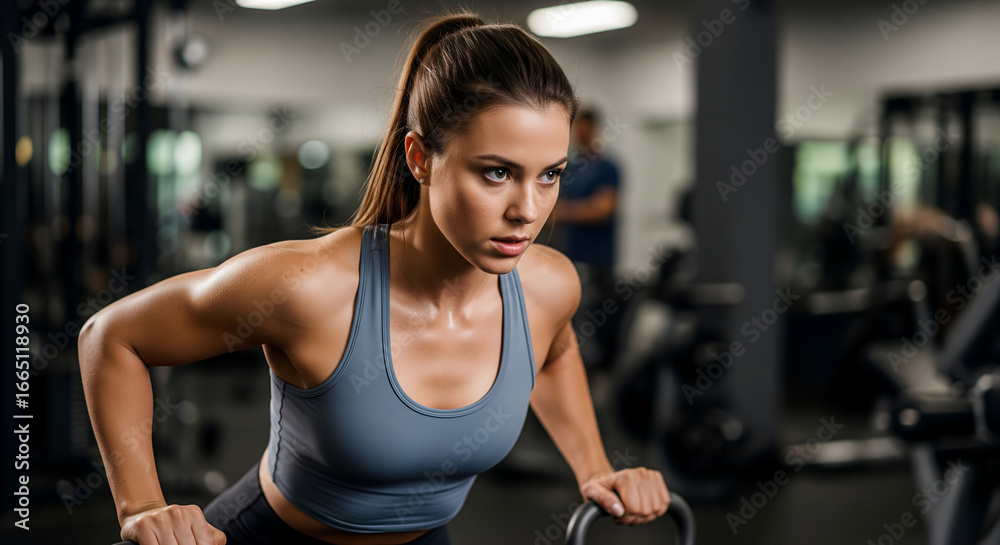 Fototapeta premium Focused Female Athlete Performing Dips in Modern Gym
