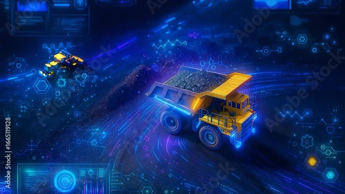 Autonomous mining trucks with smart technology, sensors, and data-driven systems for efficient operation in a digitalized industrial environment.