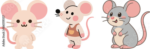 A set of three cute cartoon mice in different poses and styles, with rosy cheeks and whiskers, isolated on a white background.
