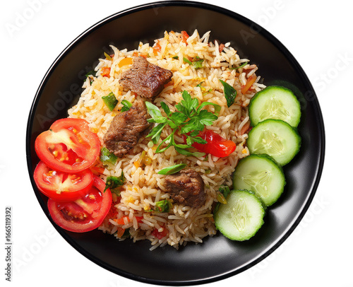 Fried rice with beef and vegetables on a black plate