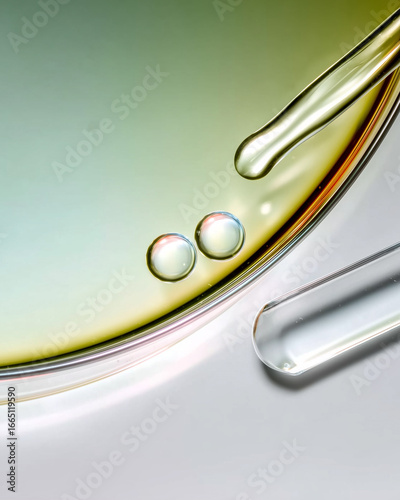 Extreme close-up of a Petri dish with cosmetic oils inside and a pipette for samples. A concept of cosmetology and medical research.
