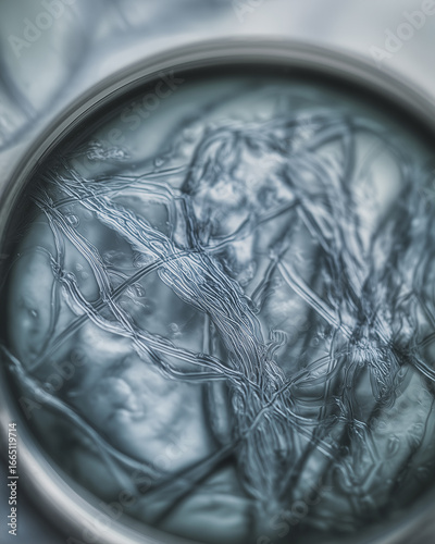 A Petri dish with organic samples inside on a gray background. A concept of scientific research in microbiology.
