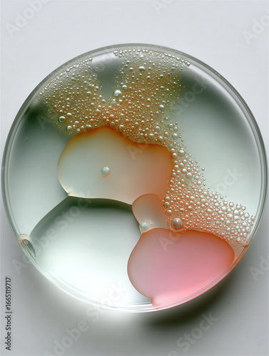 A Petri dish with multicolored patterns inside. A concept of medical and cosmetology research.


