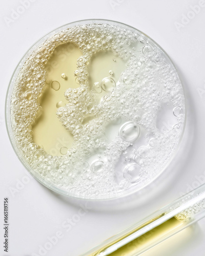 A Petri dish with cosmetic oils inside and a pipette on the side on a white background. A concept of cosmetology research.
