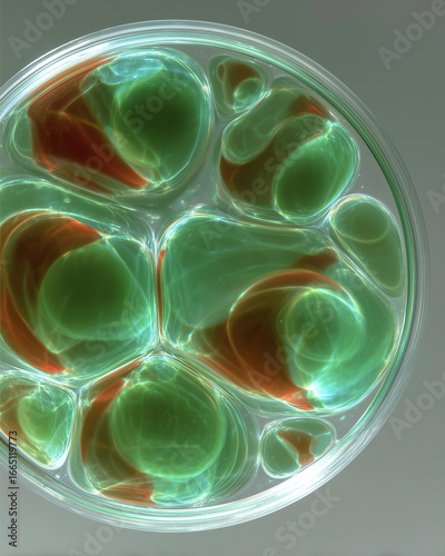 A Petri dish with oily patterns inside. A concept of medicine and cosmetology.
