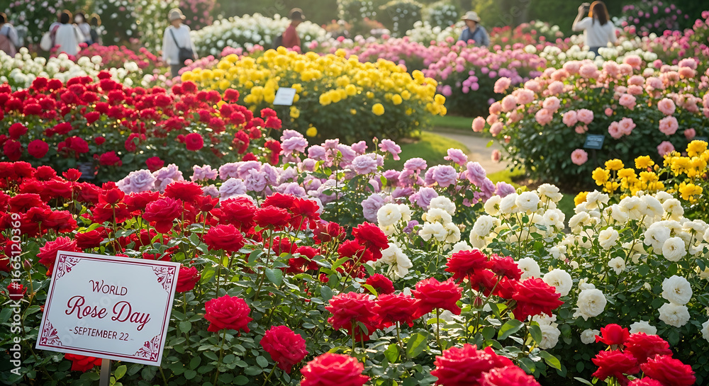 Fototapeta premium Beautiful rose garden with colorful flowers in full bloom