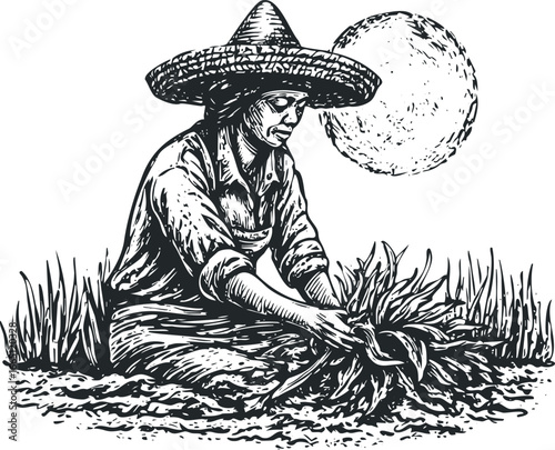 Farmer wearing wide-brimmed hat harvests plants in a field under a large moon