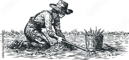 Farmer planting in soil with a tool next to a wooden bucket of seedlings