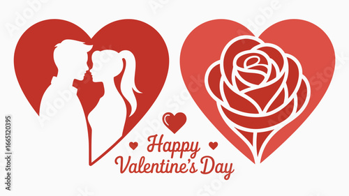 A valentine's day illustration with couple silhouette, rose heart and happy valentine's day text