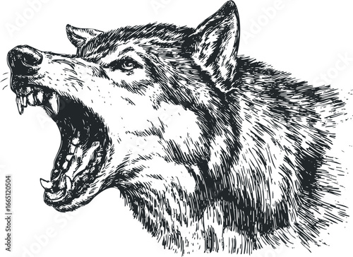 Fierce Wolf Head Baring Teeth and Growling in a Dynamic Ink Sketch