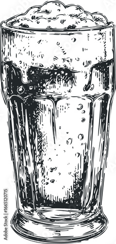 Sketch of Fizzy Beverage with Bubbles and Foam in Tall Glass