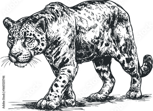 Detailed Sketch of a Jaguar Walking with Powerful Stance