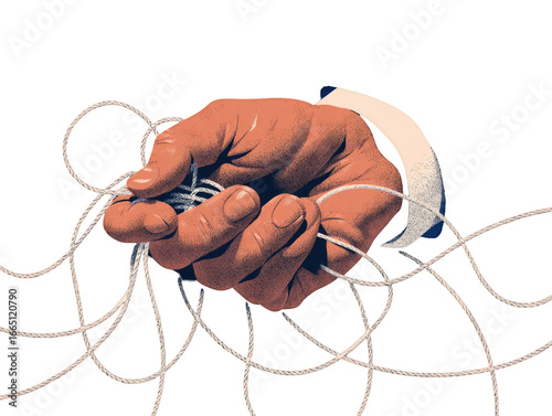 A hand grasping tangled threads