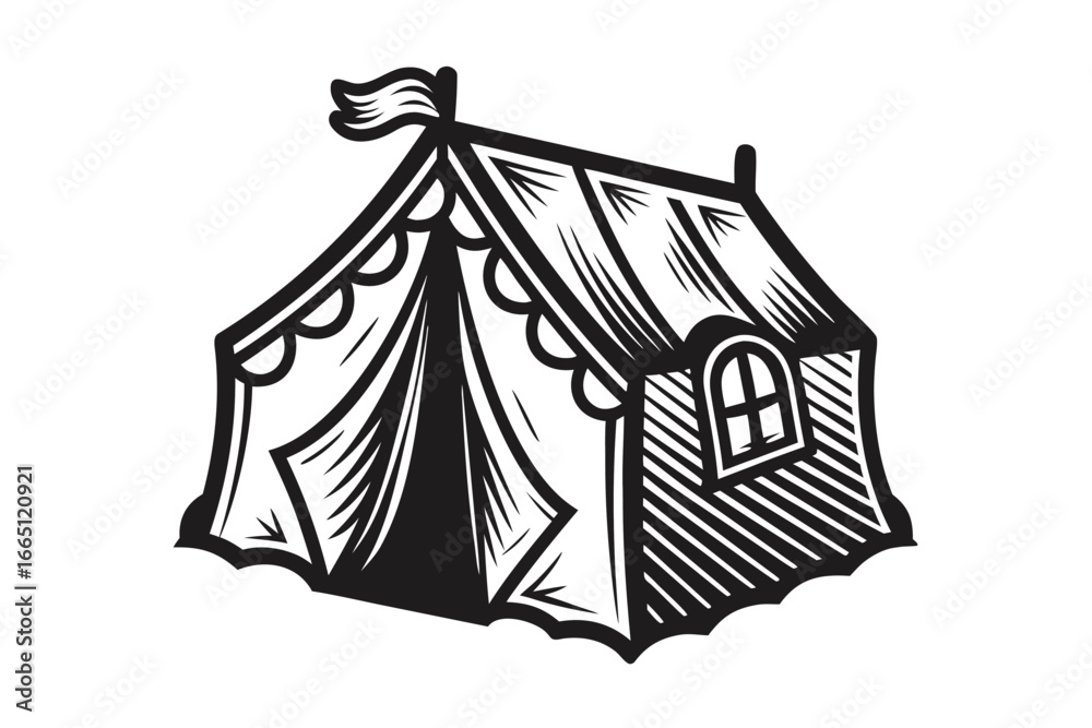 Fototapeta premium Tent Surrounded by Abstract Trees in Black Silhouette on White Background