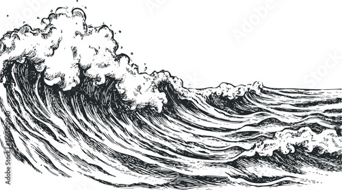 Crashing Ocean Wave with White Foam in Sketchy Monochrome Style