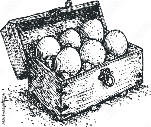 Open Wooden Chest Filled With Spherical Objects and Small Cubes