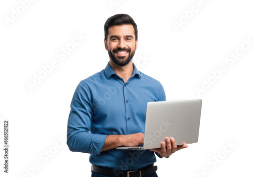 Smiling man holding laptop isolated on transparent background
