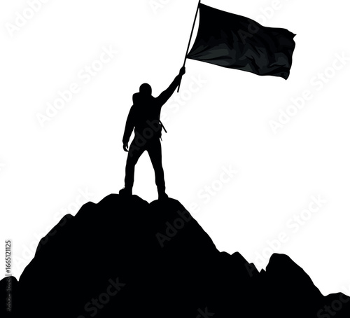 Silhouette climber with flag on mountain peak