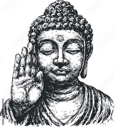 Detailed Sketch of Buddha's Face with Hand Raised in a Gesture of Blessing