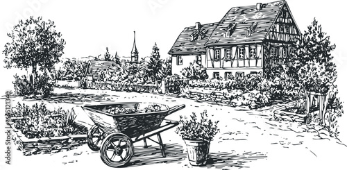 Sketch of a traditional rural house with garden and wheelbarrow filled with soil
