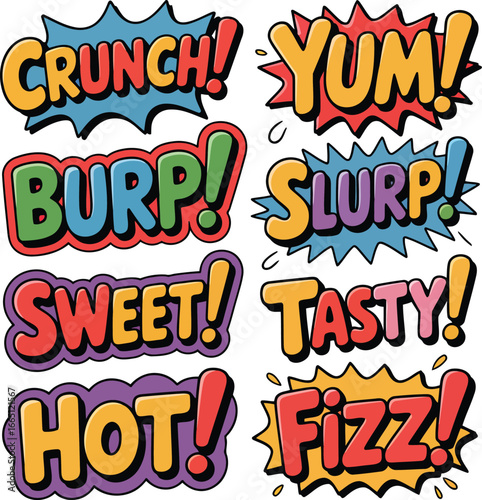 Collection of Food Related Comic Words Crunch, Yum, Burp, Slurp, Sweet, Tasty, Hot, Fizz