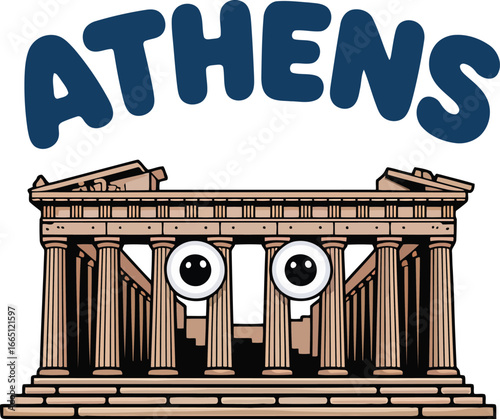 Athens Parthenon Cartoon Landmark with Googly Eyes and Bold Text on Transparent Background