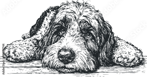 Detailed pen and ink sketch of a shaggy dog's face resting on wooden planks