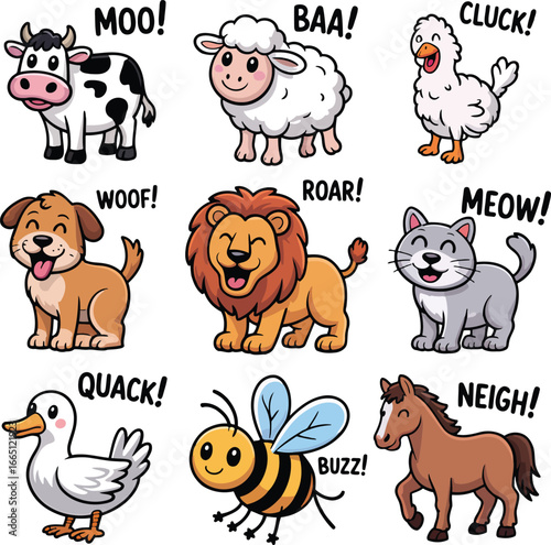 Cartoon Farm Animals with Sound Effects Illustration Vector Graphic Design Element Set