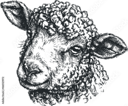 Detailed ink sketch of a young sheep's head with textured wool and expressive eye
