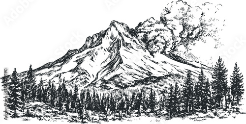 Hand Drawn Volcanic Mountain Erupting with Smoke Above Pine Forest Landscape