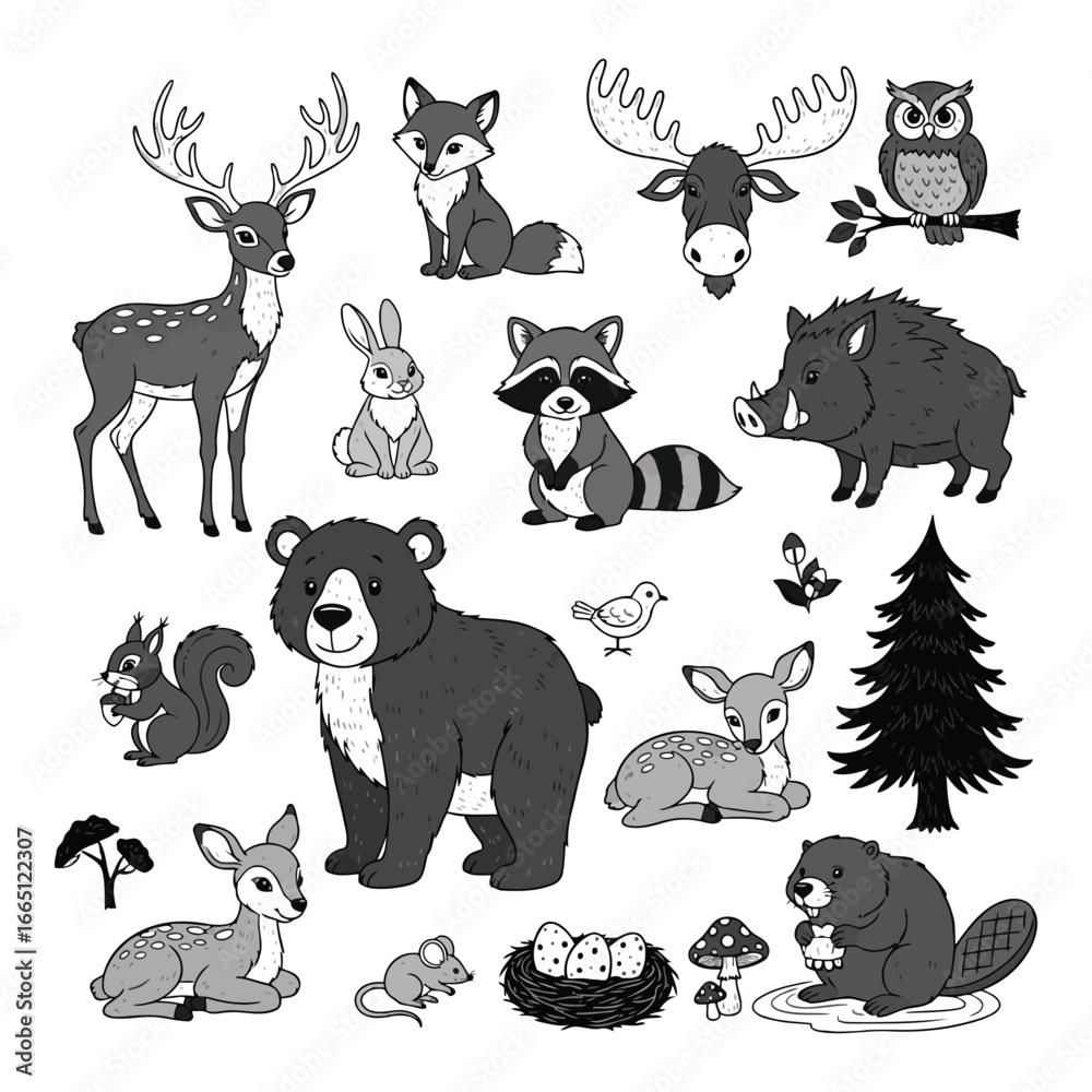 Fototapeta premium Charming woodland creatures set realistic artistic rendering of forest animals for whimsical designs silhouette