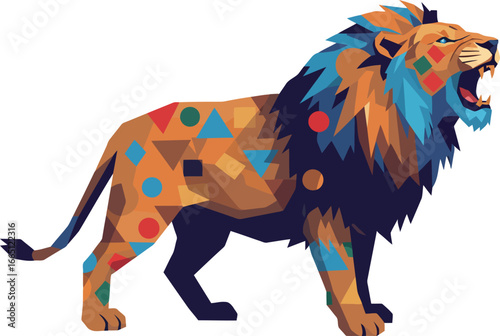 Vibrant geometric lion roaring abstract wildlife art