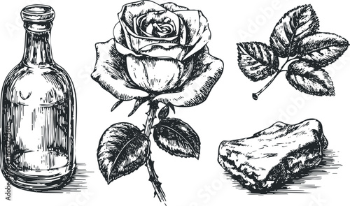 Engraved Style Rose Flower, Glass Bottle, and Rock Elements