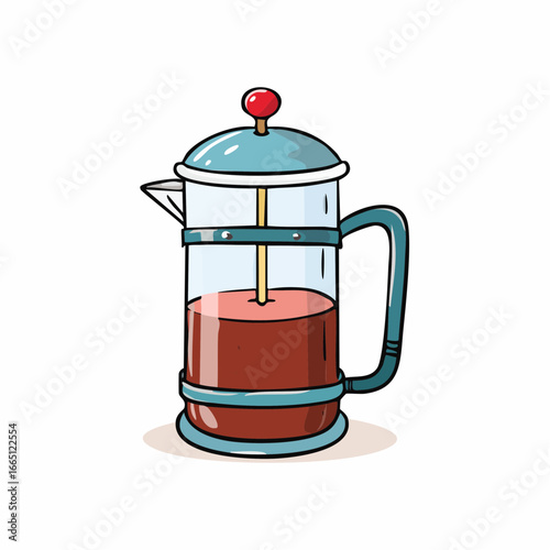 French press coffee maker containing brewed coffee on plain background