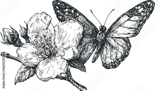 Detailed sketch of a monarch butterfly resting on blooming cherry blossoms