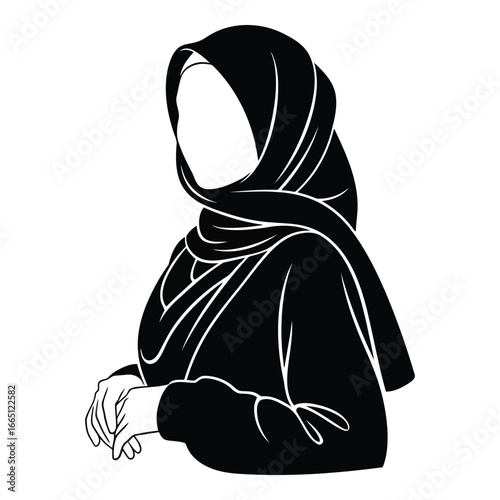Stylized silhouette of a woman wearing a black hijab and modest clothing silhouette