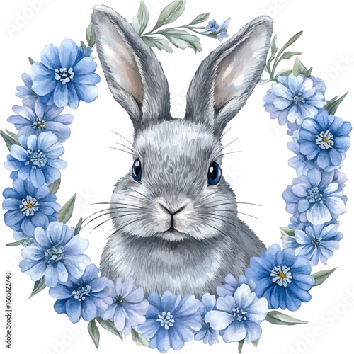 Easter Bunny Spring Flowers, watercolor painting vector, isolated on a white background.