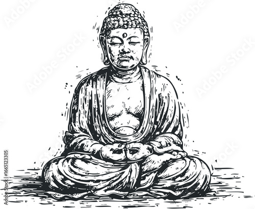 Monochromatic Linocut Style Buddha Meditating in Lotus Pose