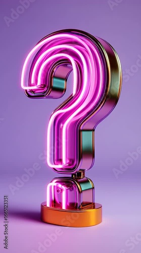 Looped 3D animation of a neon pink question mark spinning in place on a smooth gradient purple backdrop. High gloss and stylized glow effect.