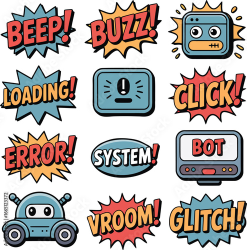 Cartoon Robot Sounds and Technology Elements with Beep Buzz Loading Error Click Vroom Glitch