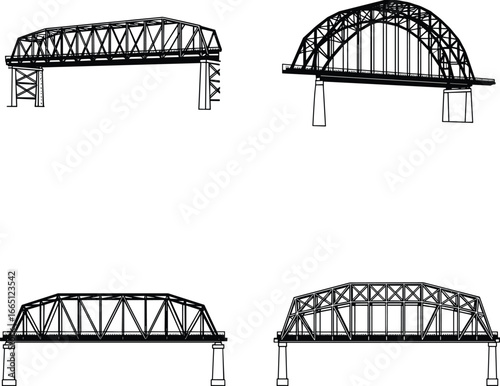 Set of Four Black and White Technical Illustrations of Various Truss and Arch Bridges, Representing Civil Engineering, Architecture, Infrastructure, Construction, and Structural Design Schematics.