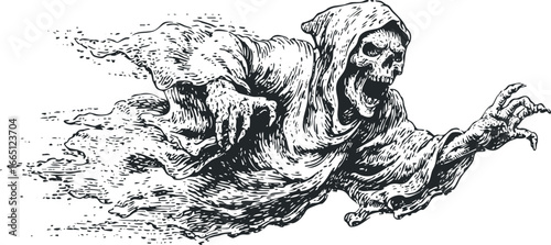 Scary Grim Reaper with Skull Face and Flowing Robes Reaching Out