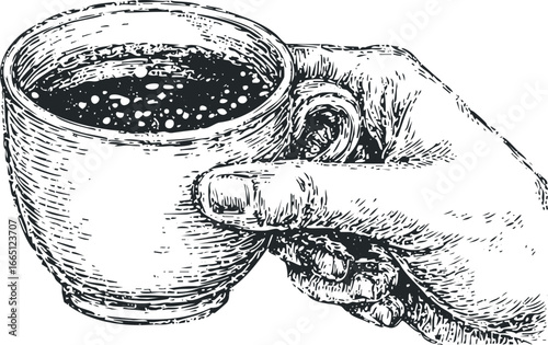 Hand holding a steaming mug of coffee depicted in a sketch style