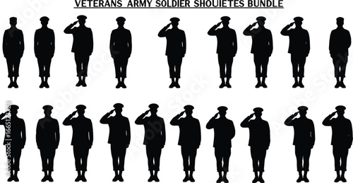 Veterans Army Soldiers Silhouette Bundle Vector Illustration, Military Personnel Saluting Collection, Honoring Armed Forces Design Elements, Black and White Graphic Set

.